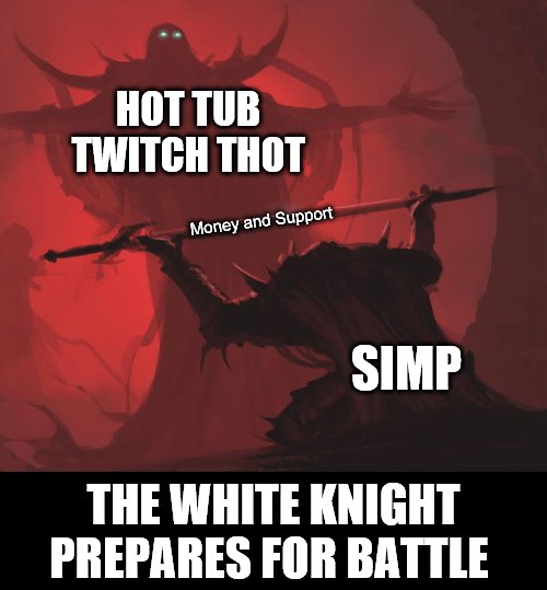 Man giving sword to larger man | HOT TUB TWITCH THOT; Money and Support; SIMP; THE WHITE KNIGHT PREPARES FOR BATTLE | image tagged in man giving sword to larger man | made w/ Imgflip meme maker