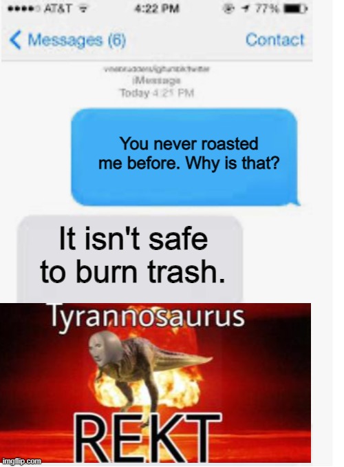 Un-unroasted. | You never roasted me before. Why is that? It isn't safe to burn trash. | image tagged in blank text conversation | made w/ Imgflip meme maker