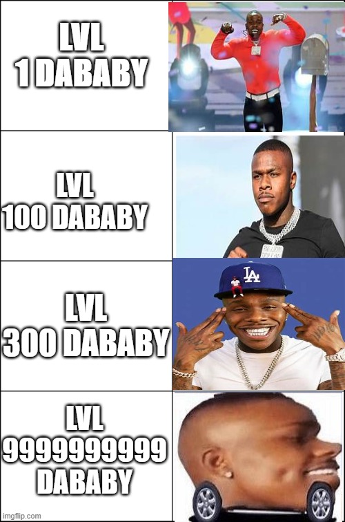 ITS DABABY LVLS | LVL 1 DABABY; LVL 100 DABABY; LVL 300 DABABY; LVL 9999999999 DABABY | image tagged in eight panel rage comic maker,dababy | made w/ Imgflip meme maker