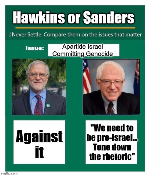Hawkins or Sanders | Apartide Israel Committing Genocide; Against it; "We need to be pro-Israel... Tone down the rhetoric" | image tagged in hawkins or sanders,bernie sanders,howie hawkins,democrats,green party,israel | made w/ Imgflip meme maker