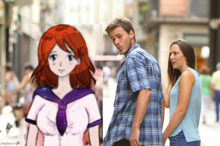 3D man cheating on his 3D girlfriend with 2D girl (Mars-Chan) | image tagged in memes,distracted boyfriend,mars-chan | made w/ Imgflip meme maker