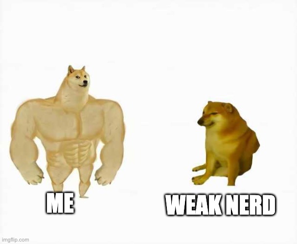 ME WEAK NERD | image tagged in strong dog vs weak dog | made w/ Imgflip meme maker