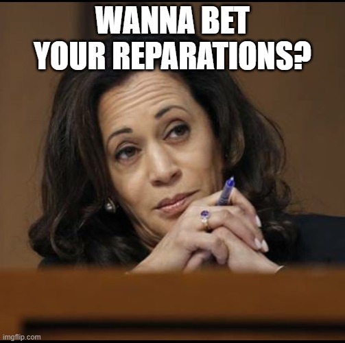 Kamala Harris  | WANNA BET YOUR REPARATIONS? | image tagged in kamala harris | made w/ Imgflip meme maker