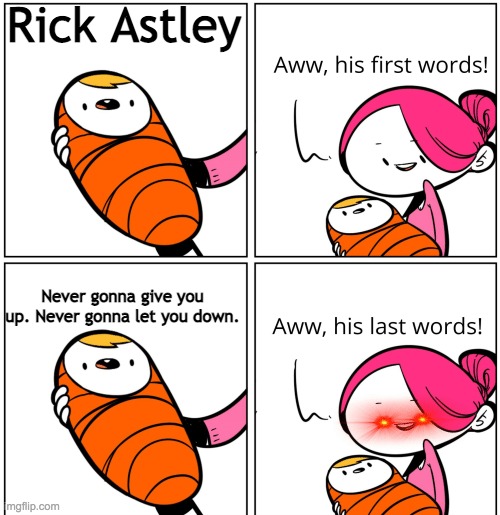 Aww, His Last Words | Rick Astley; Never gonna give you up. Never gonna let you down. | image tagged in aww his last words | made w/ Imgflip meme maker