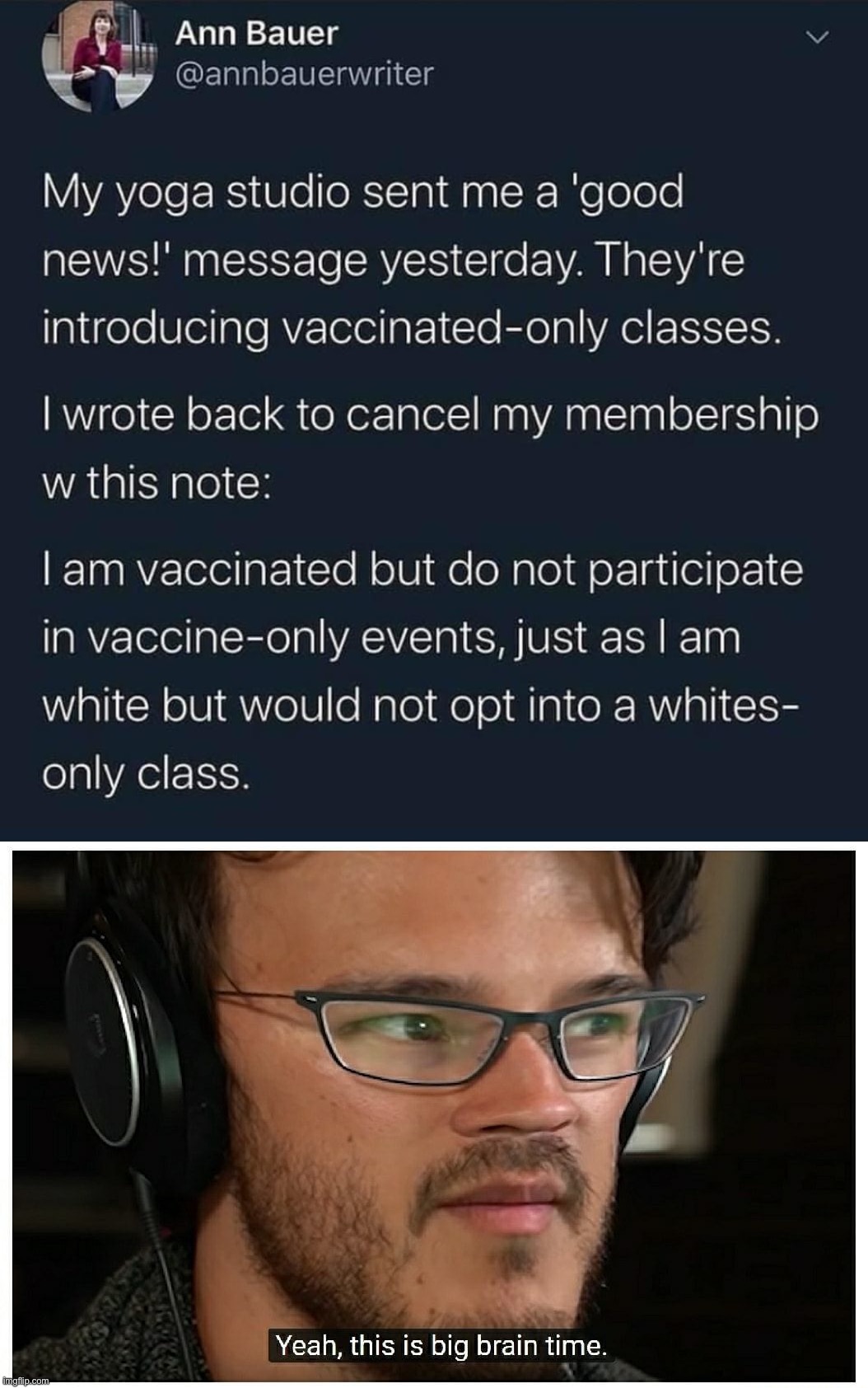 Atlantic writer MERCILESSLY DESTROYS Leftist logic - watch her get #Cancelled next!! #LeftHypocrisy #LeftistsAreTheRealRacists | image tagged in vaccinated-only yoga class,yeah this is big brain time alternate version,liberal hypocrisy,leftists,leftist,vaccinations | made w/ Imgflip meme maker