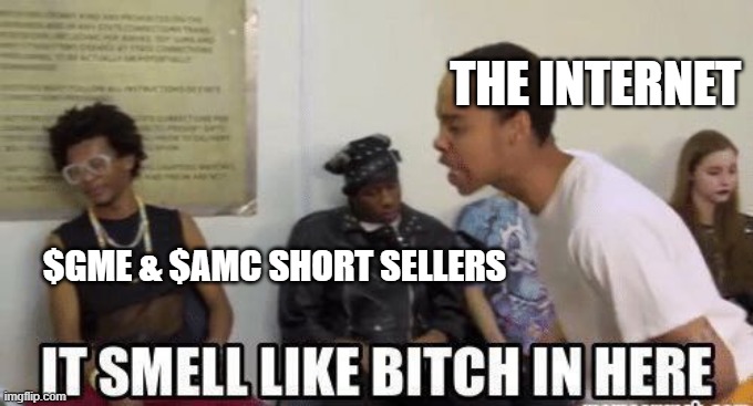it smell like bitch in here | THE INTERNET; $GME & $AMC SHORT SELLERS | image tagged in it smell like bitch in here | made w/ Imgflip meme maker