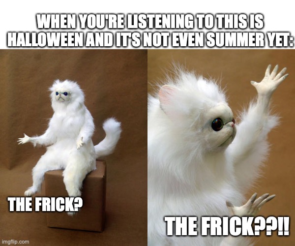 ThIs Is HaLlOwEeN! | WHEN YOU'RE LISTENING TO THIS IS HALLOWEEN AND IT'S NOT EVEN SUMMER YET:; THE FRICK? THE FRICK??!! | image tagged in memes,persian cat room guardian,nightmare before christmas,confusion,internal screaming | made w/ Imgflip meme maker