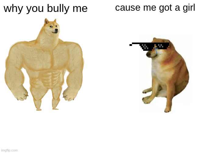 Buff Doge vs. Cheems Meme | why you bully me; cause me got a girl | image tagged in memes,buff doge vs cheems | made w/ Imgflip meme maker