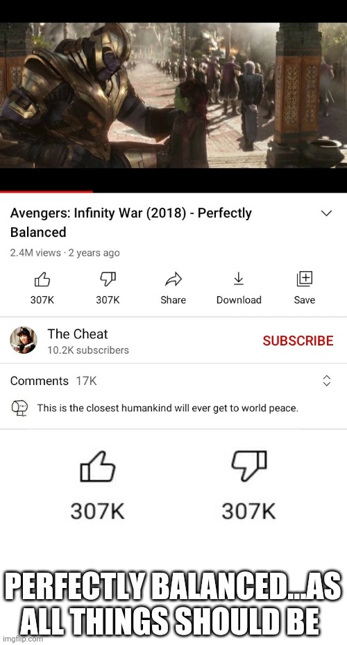 Perfectly balanced as all things should be | PERFECTLY BALANCED...AS ALL THINGS SHOULD BE | image tagged in thanos,infinity war,thanos perfectly balanced as all things should be,youtube | made w/ Imgflip meme maker