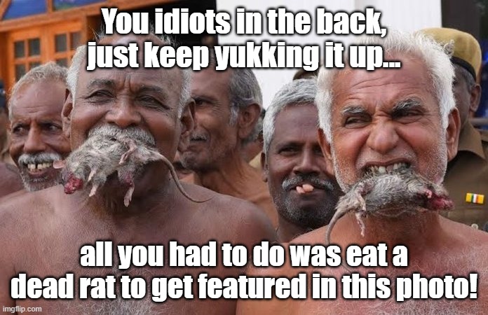 Eat a dead rat to get featured in this photo! | You idiots in the back, just keep yukking it up... all you had to do was eat a dead rat to get featured in this photo! | image tagged in rats not bats | made w/ Imgflip meme maker