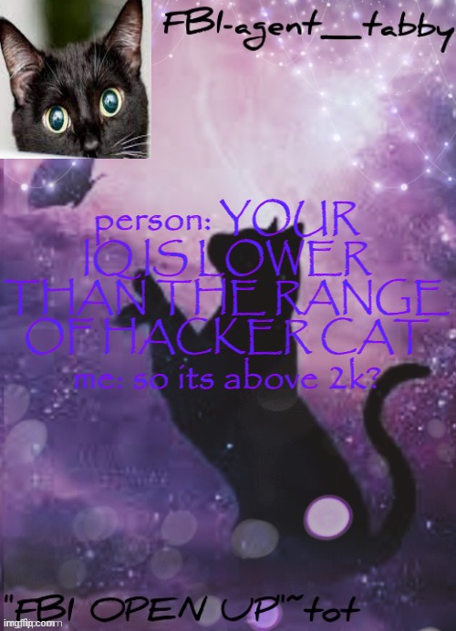 s h o u l d a s a i d z a m b o n i e | person: YOUR IQ IS LOWER THAN THE RANGE OF HACKER CAT
me: so its above 2k? | made w/ Imgflip meme maker
