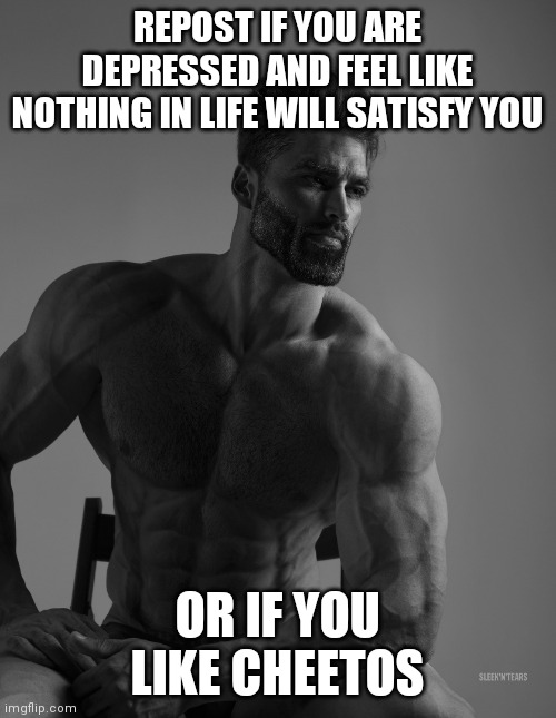 Giga Chad | REPOST IF YOU ARE DEPRESSED AND FEEL LIKE NOTHING IN LIFE WILL SATISFY YOU; OR IF YOU LIKE CHEETOS | image tagged in giga chad | made w/ Imgflip meme maker