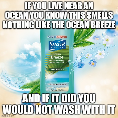 Ocean Breeze Scent | IF YOU LIVE NEAR AN OCEAN YOU KNOW THIS SMELLS NOTHING LIKE THE OCEAN BREEZE; AND IF IT DID YOU WOULD NOT WASH WITH IT | image tagged in ocean breeze,scent,shampoo | made w/ Imgflip meme maker