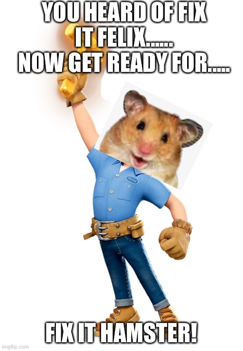 LOL. Dont look at tags. | YOU HEARD OF FIX IT FELIX...... NOW GET READY FOR..... FIX IT HAMSTER! | image tagged in lol,xd,never gonna give you up,never gonna let you down,never gonna run around | made w/ Imgflip meme maker
