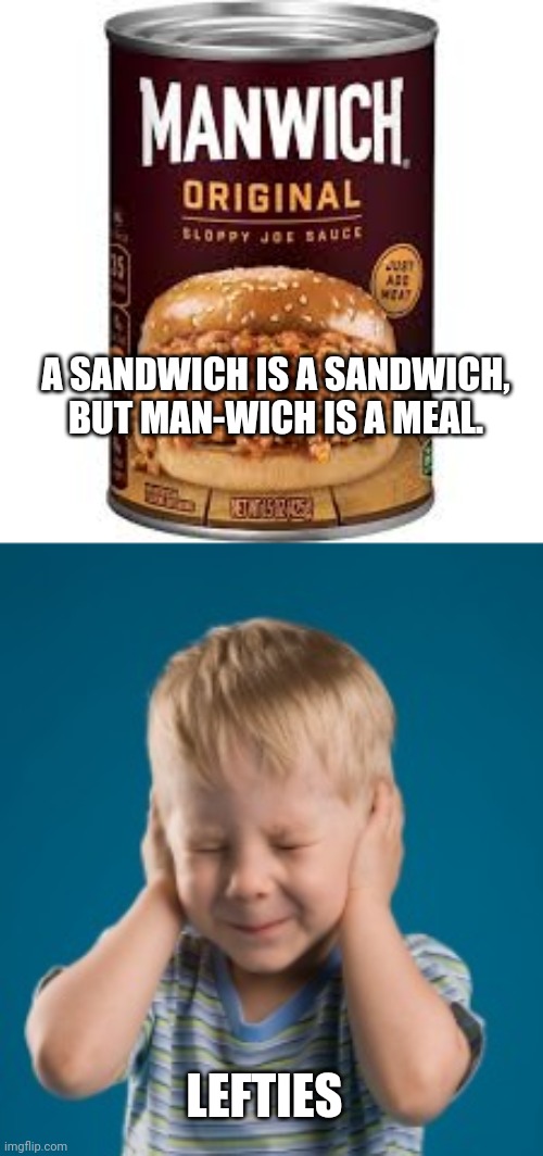 We need more cancel culture...STAT. | A SANDWICH IS A SANDWICH, BUT MAN-WICH IS A MEAL. LEFTIES | image tagged in manwich,democrats hands ears can't hear not listening denial establishme | made w/ Imgflip meme maker