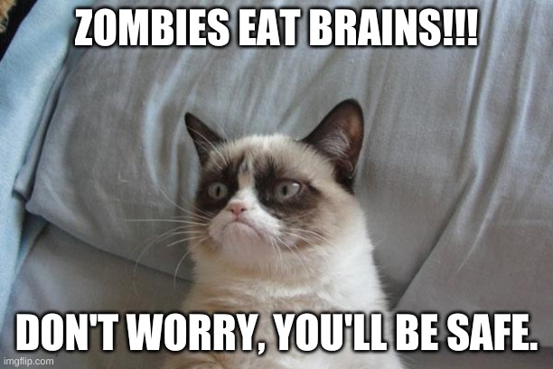 Brains | ZOMBIES EAT BRAINS!!! DON'T WORRY, YOU'LL BE SAFE. | image tagged in memes,grumpy cat bed,grumpy cat | made w/ Imgflip meme maker