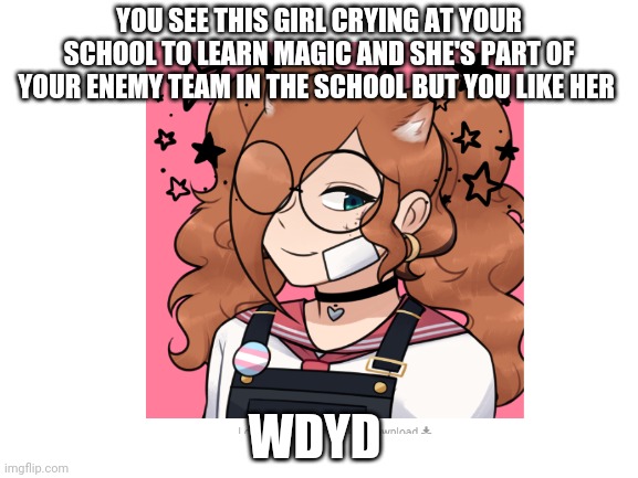 YOU SEE THIS GIRL CRYING AT YOUR SCHOOL TO LEARN MAGIC AND SHE'S PART OF YOUR ENEMY TEAM IN THE SCHOOL BUT YOU LIKE HER; WDYD | made w/ Imgflip meme maker