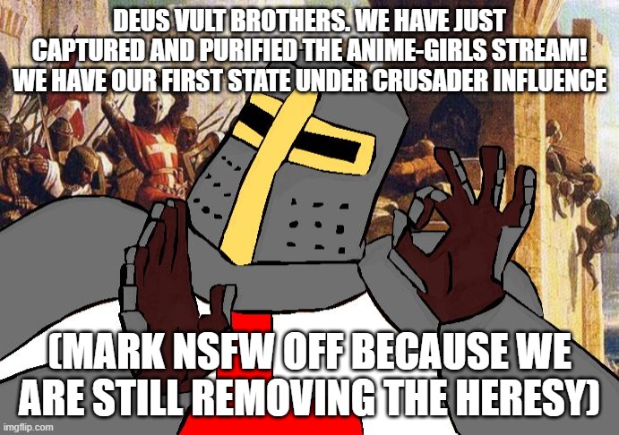 The stream had heresy and did violate it | DEUS VULT BROTHERS. WE HAVE JUST CAPTURED AND PURIFIED THE ANIME-GIRLS STREAM! WE HAVE OUR FIRST STATE UNDER CRUSADER INFLUENCE; (MARK NSFW OFF BECAUSE WE ARE STILL REMOVING THE HERESY) | image tagged in when the deus vult is deus vult | made w/ Imgflip meme maker