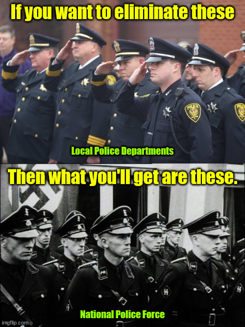 Democrats are on a mission to nationalized everything so they can control the means of production. | If you want to eliminate these; Local Police Departments; Then what you'll get are these. National Police Force | image tagged in democrats,local police,national police | made w/ Imgflip meme maker