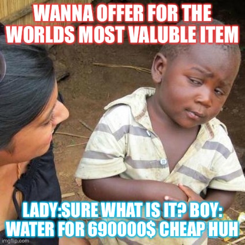 Boi | WANNA OFFER FOR THE WORLDS MOST VALUBLE ITEM; LADY:SURE WHAT IS IT? BOY: WATER FOR 690000$ CHEAP HUH | image tagged in memes,third world skeptical kid | made w/ Imgflip meme maker