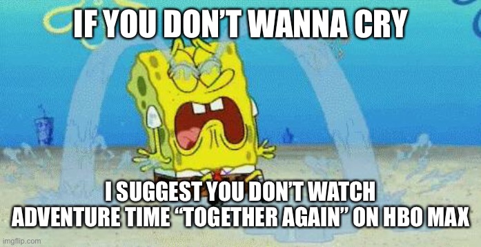 sad crying spongebob | IF YOU DON’T WANNA CRY; I SUGGEST YOU DON’T WATCH ADVENTURE TIME “TOGETHER AGAIN” ON HBO MAX | image tagged in sad crying spongebob | made w/ Imgflip meme maker