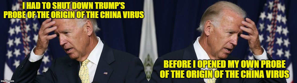 What Joe's handlers have come up with now. | I HAD TO SHUT DOWN TRUMP'S PROBE OF THE ORIGIN OF THE CHINA VIRUS BEFORE I OPENED MY OWN PROBE OF THE ORIGIN OF THE CHINA VIRUS | image tagged in joe biden worries,wuhan,covid,trump | made w/ Imgflip meme maker