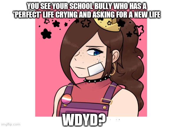 I was inspired | YOU SEE YOUR SCHOOL BULLY WHO HAS A 'PERFECT' LIFE CRYING AND ASKING FOR A NEW LIFE; WDYD? | image tagged in oh wow are you actually reading these tags | made w/ Imgflip meme maker