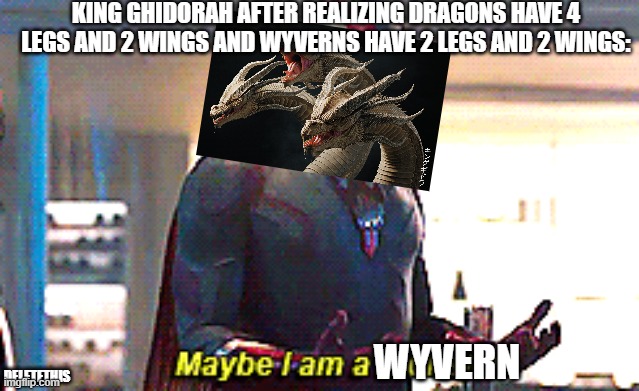 Maybe I am a monster | KING GHIDORAH AFTER REALIZING DRAGONS HAVE 4 LEGS AND 2 WINGS AND WYVERNS HAVE 2 LEGS AND 2 WINGS:; WYVERN; DELETETHIS | image tagged in maybe i am a monster | made w/ Imgflip meme maker