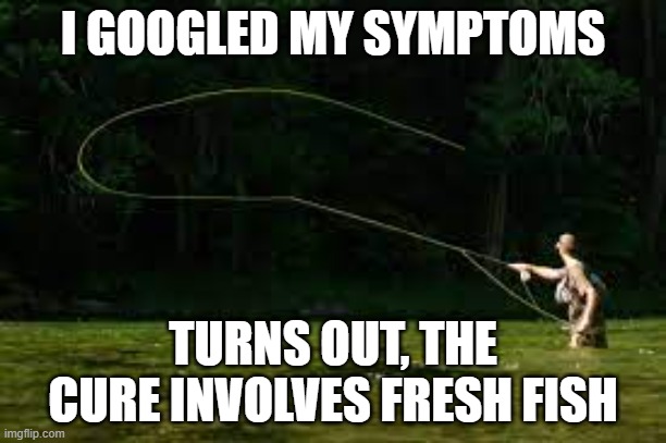 Fly fishing | I GOOGLED MY SYMPTOMS; TURNS OUT, THE CURE INVOLVES FRESH FISH | image tagged in fly,fishing | made w/ Imgflip meme maker