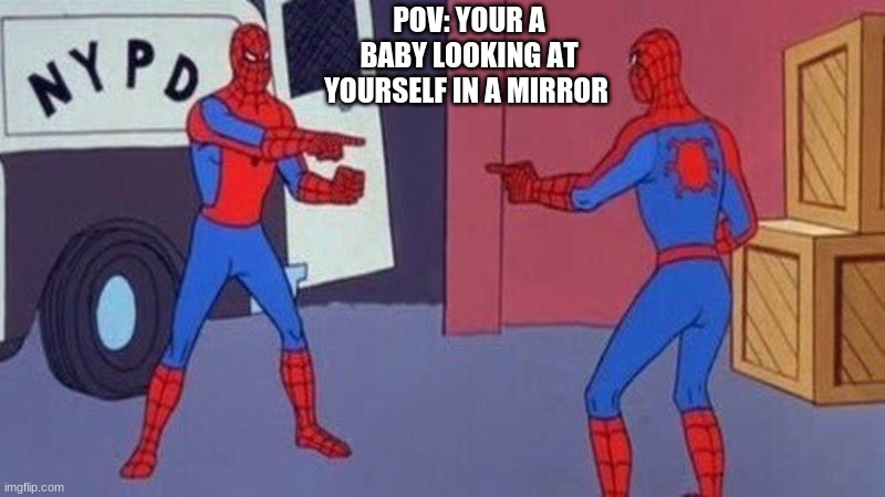 happens to everyone tho | POV: YOUR A BABY LOOKING AT YOURSELF IN A MIRROR | image tagged in spiderman pointing at spiderman | made w/ Imgflip meme maker