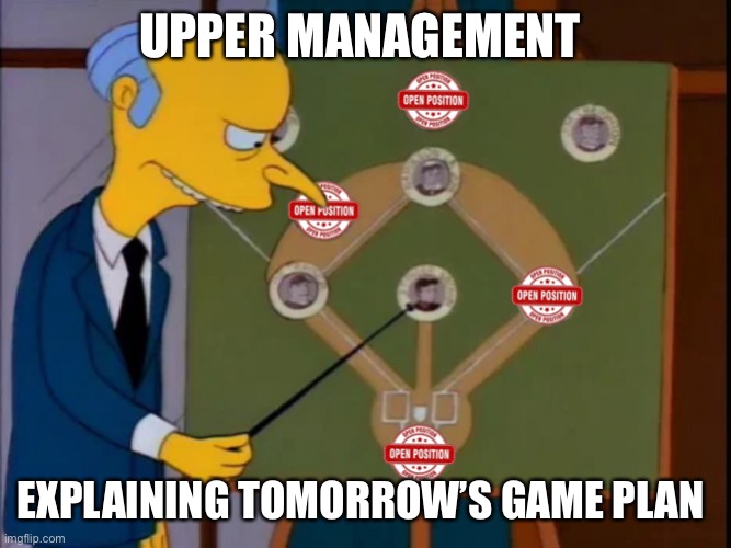 Teamwork expectations | UPPER MANAGEMENT; EXPLAINING TOMORROW’S GAME PLAN | image tagged in short staffed game plan | made w/ Imgflip meme maker