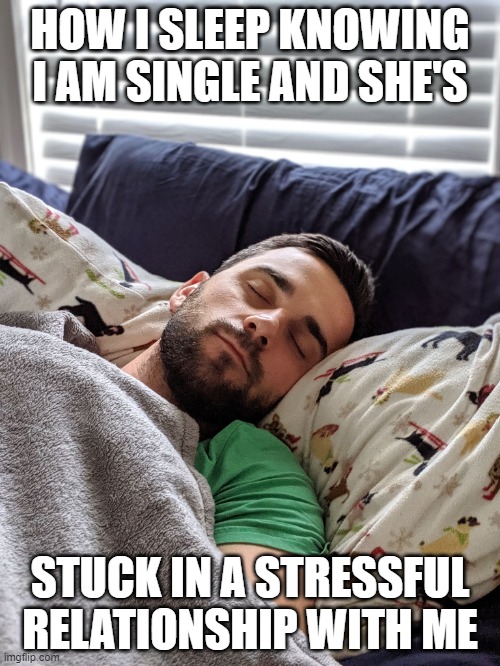 I'm SIngle | HOW I SLEEP KNOWING I AM SINGLE AND SHE'S; STUCK IN A STRESSFUL RELATIONSHIP WITH ME | image tagged in happy joe | made w/ Imgflip meme maker