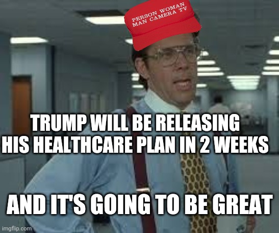 TPS Reports | TRUMP WILL BE RELEASING HIS HEALTHCARE PLAN IN 2 WEEKS; AND IT'S GOING TO BE GREAT | image tagged in tps reports | made w/ Imgflip meme maker