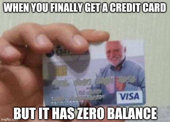 HIDE THE PAIN | WHEN YOU FINALLY GET A CREDIT CARD; BUT IT HAS ZERO BALANCE | image tagged in hide the pain harold,harold,credit card | made w/ Imgflip meme maker