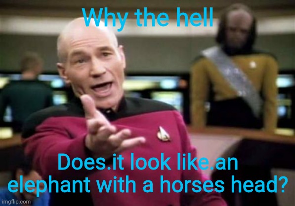 Picard Wtf Meme | Why the hell Does.it look like.an elephant with a horses head? | image tagged in memes,picard wtf | made w/ Imgflip meme maker