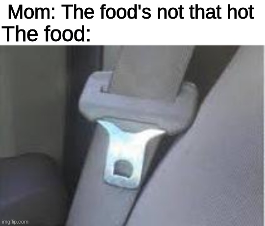 Oh, the pain | Mom: The food's not that hot; The food: | image tagged in hot seatbelt buckle,seatbelt,pain,burn,food,hot | made w/ Imgflip meme maker