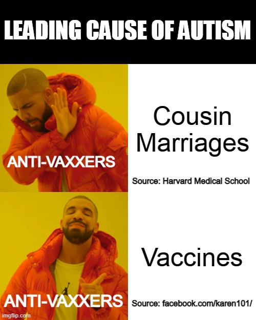 Drake Hotline Bling Meme | LEADING CAUSE OF AUTISM; Cousin Marriages; ANTI-VAXXERS; Source: Harvard Medical School; Vaccines; ANTI-VAXXERS; Source: facebook.com/karen101/ | image tagged in memes,drake hotline bling | made w/ Imgflip meme maker