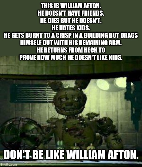 FNAF Springtrap in window | THIS IS WILLIAM AFTON.
HE DOESN'T HAVE FRIENDS.
HE DIES BUT HE DOESN'T.
HE HATES KIDS.
HE GETS BURNT TO A CRISP IN A BUILDING BUT DRAGS HIMSELF OUT WITH HIS REMAINING ARM.
HE RETURNS FROM HECK TO PROVE HOW MUCH HE DOESN'T LIKE KIDS. DON'T BE LIKE WILLIAM AFTON. | image tagged in fnaf springtrap in window | made w/ Imgflip meme maker