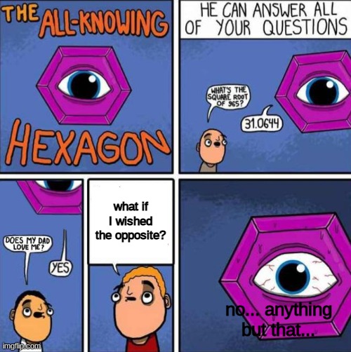 All knowing hexagon (ORIGINAL) | what if I wished the opposite? no... anything but that... | image tagged in all knowing hexagon original | made w/ Imgflip meme maker