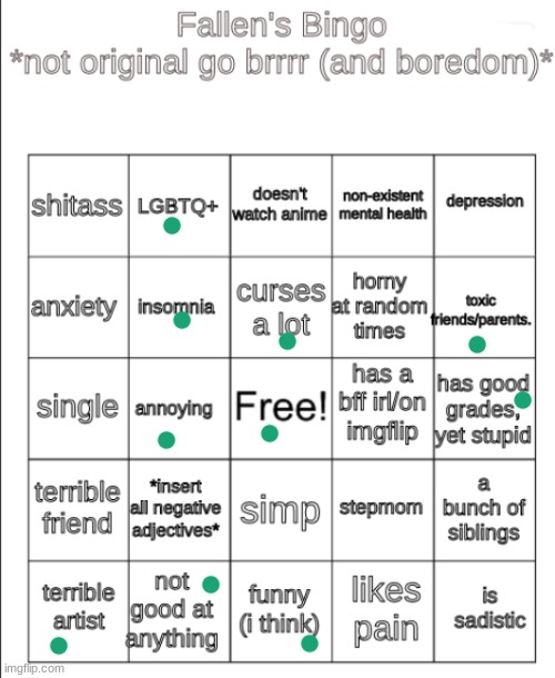 fallen bingo | image tagged in fallen bingo | made w/ Imgflip meme maker