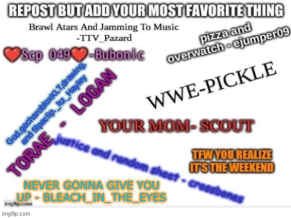 sup. | NEVER GONNA GIVE YOU UP - BLEACH_IN_THE_EYES | image tagged in repost | made w/ Imgflip meme maker