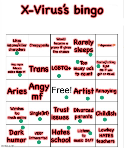 X-Virus bingo | image tagged in x-virus bingo | made w/ Imgflip meme maker