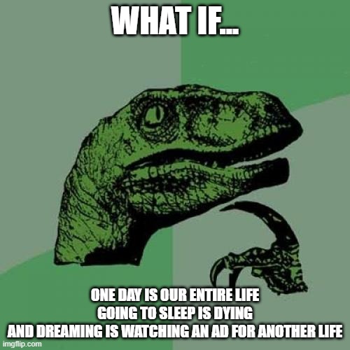 what if... | WHAT IF... ONE DAY IS OUR ENTIRE LIFE
GOING TO SLEEP IS DYING
AND DREAMING IS WATCHING AN AD FOR ANOTHER LIFE | image tagged in life,death,stupid ads | made w/ Imgflip meme maker