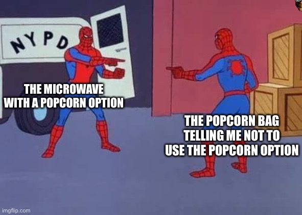 Spiderman mirror | THE MICROWAVE WITH A POPCORN OPTION; THE POPCORN BAG TELLING ME NOT TO USE THE POPCORN OPTION | image tagged in spiderman mirror | made w/ Imgflip meme maker