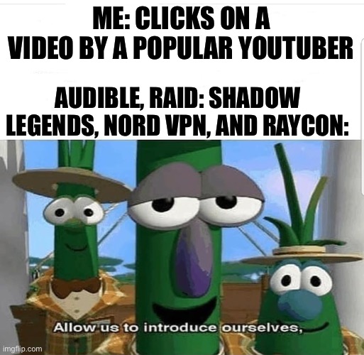 YouTube Sponsors Are Everywhere | ME: CLICKS ON A VIDEO BY A POPULAR YOUTUBER; AUDIBLE, RAID: SHADOW LEGENDS, NORD VPN, AND RAYCON: | image tagged in allow us to introduce ourselves | made w/ Imgflip meme maker