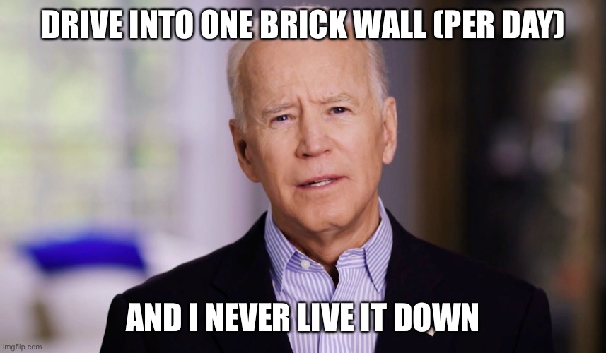 Joe Biden 2020 | DRIVE INTO ONE BRICK WALL (PER DAY) AND I NEVER LIVE IT DOWN | image tagged in joe biden 2020 | made w/ Imgflip meme maker