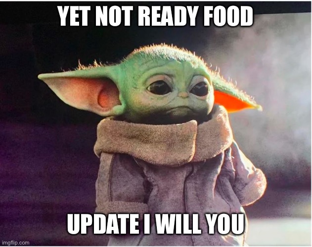 Food’s not ready for pick up | YET NOT READY FOOD; UPDATE I WILL YOU | image tagged in sad baby yoda | made w/ Imgflip meme maker