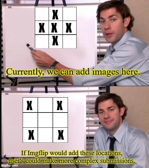 More Image Add Locations | X
X   X    X
X; Currently, we can add images here. X            X; X           X; If Imgflip would add these locations,
user's could make more complex submissions. | image tagged in jim halpert pointing to whiteboard,imgflip,memes | made w/ Imgflip meme maker