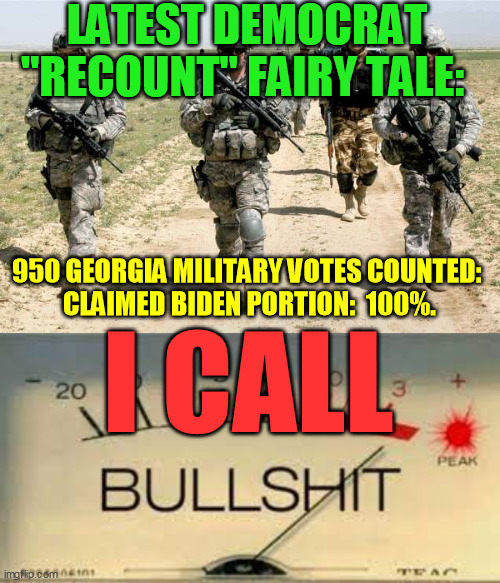Dems: Recounts are totally verified like the original election. Don't question election authorities. They would NEVER lie to us! | LATEST DEMOCRAT "RECOUNT" FAIRY TALE:; 950 GEORGIA MILITARY VOTES COUNTED:  
CLAIMED BIDEN PORTION:  100%. I CALL | image tagged in election fraud,rigged recounts,trump 2020,joe biden,dominion voting,vote theft | made w/ Imgflip meme maker