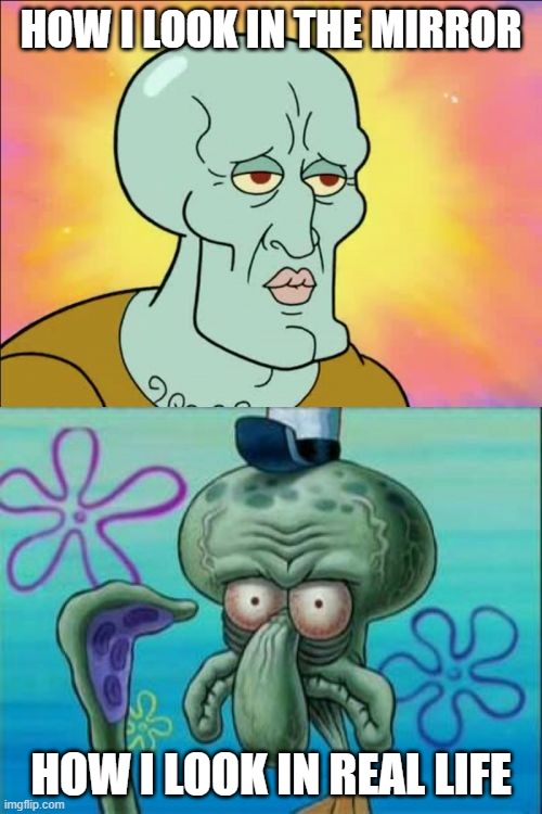 Squidward | HOW I LOOK IN THE MIRROR; HOW I LOOK IN REAL LIFE | image tagged in memes,squidward,mirror,so true,sad but true,true | made w/ Imgflip meme maker